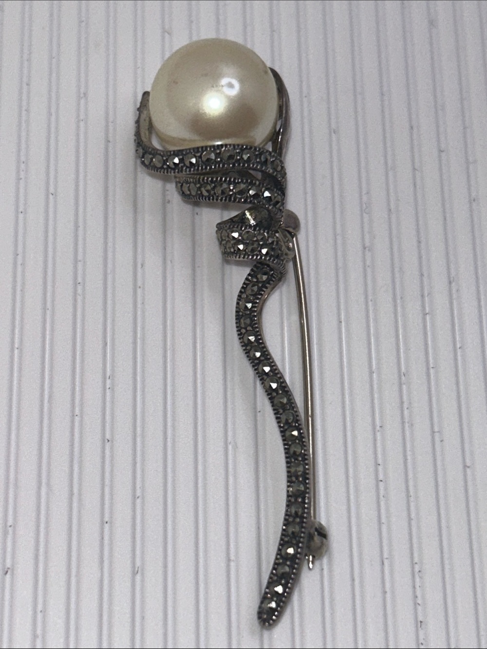 Judith Jack Sterling Silver Marcasite Brooch with Cream Pearl